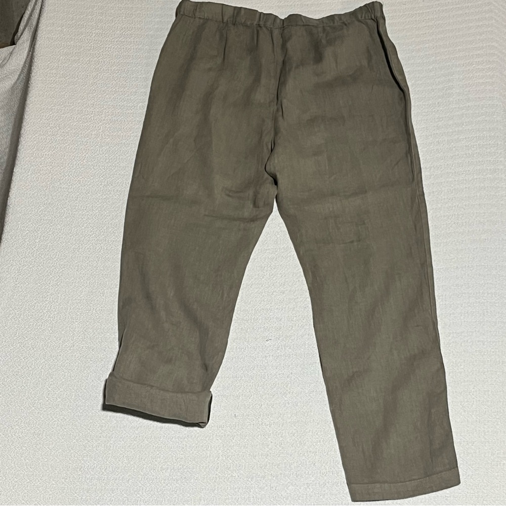 Pure Jill Dyed Linen Pull On Roll Tab Pants M Olive Elastic Waist 35x29 Flaw - Picture 3 of 14